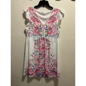 emily wonder floral print v neck short sleeve white dress size L